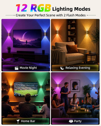 EZVALO Motion Sensor Wall Sconces with Remote, Rechargeable Battery Operated 4000mAh Wall Lights, 3 Color Temperatures & 12 RGB, Wireless LED Lighting for Hallway, Living Room (Brushed Gold, 2 Pack)