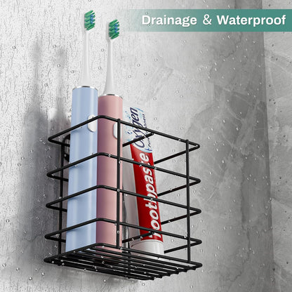 Open-Design Adhesive Shower Toothbrush Holder Wall Mounted with Drainage | Hanging Electric Tooth Brush Holder for Bathroom Wall Mirror, Metal Wall Toothpaste Storage Organizer for RV Camper, Black