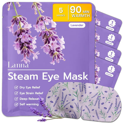 LANNA Heated Steam Eye Mask, Disposable 120 Minutes, Lavender Scent, 5 Pcs | Great for Sleep & Spa Relaxation, Self Heating Warm Compress for Dry & Puffy Eyes Long Lasting Heated Eye Mask for Stye Eyes
