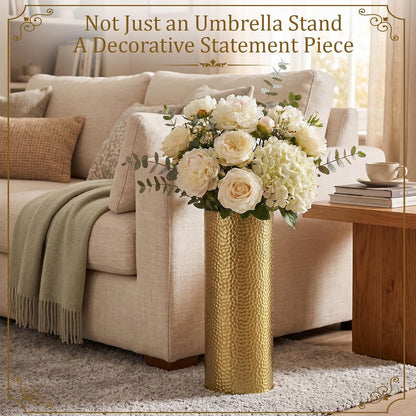 Lounsweer Metal Hammered Umbrella Stand, Gold Cylindrical Umbrella Holder for Entryway, Free Standing Canes Walking Sticks Organizer, Round Waterproof Drip Container for Home Office, 15.8 x 5.9 in