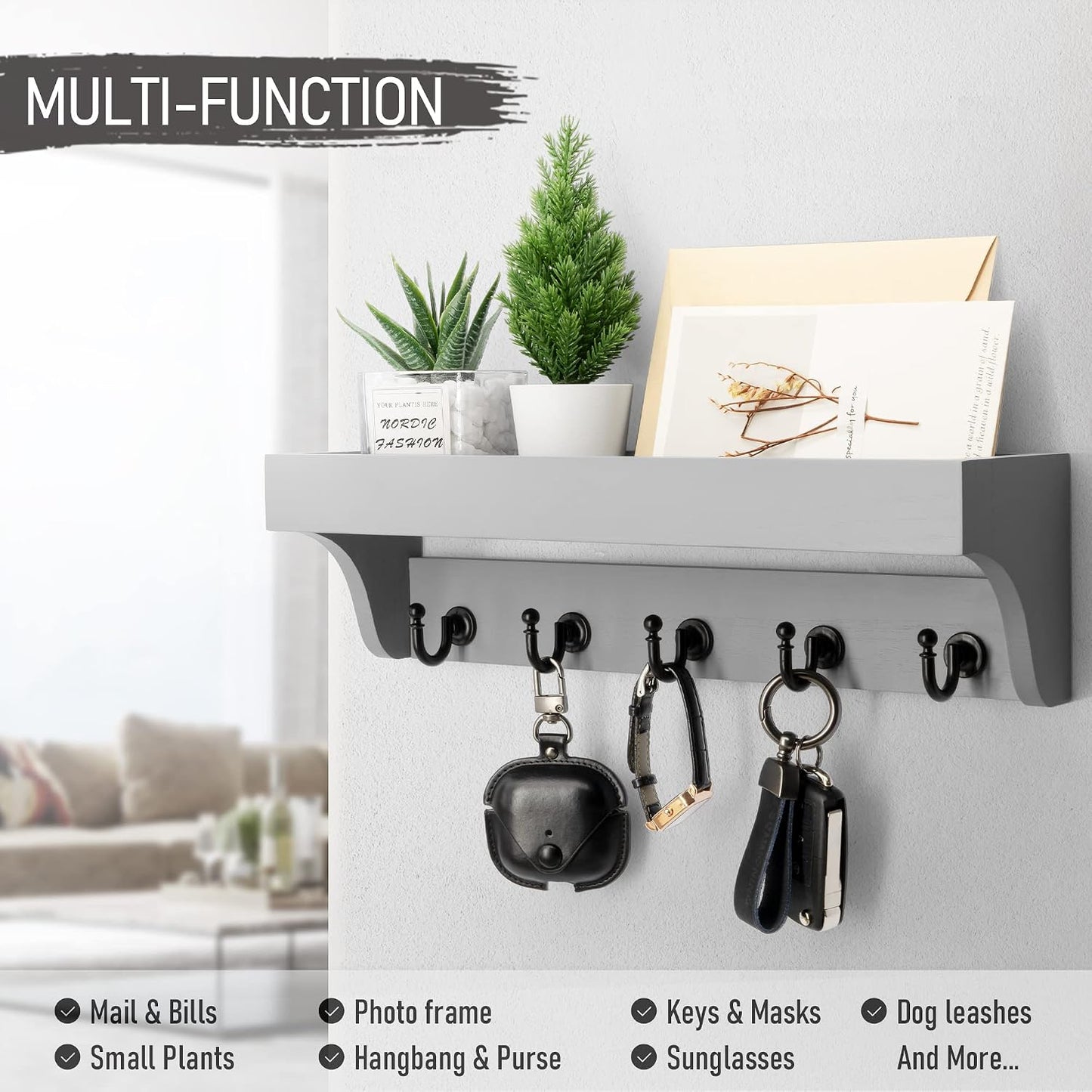 Rebee Vision Key Holder Wall Mount with 5 Hooks for Entryway, Retro Brown | Display Shelf for Plant & Letters, Key Shelf for Hats, Dog Leashes, Mail Organizer, Decorative Entryway & Living Room