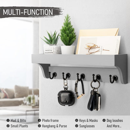 Rebee Vision Key Holder Wall Mount with 5 Hooks for Entryway, Retro Brown | Display Shelf for Plant & Letters, Key Shelf for Hats, Dog Leashes, Mail Organizer, Decorative Entryway & Living Room