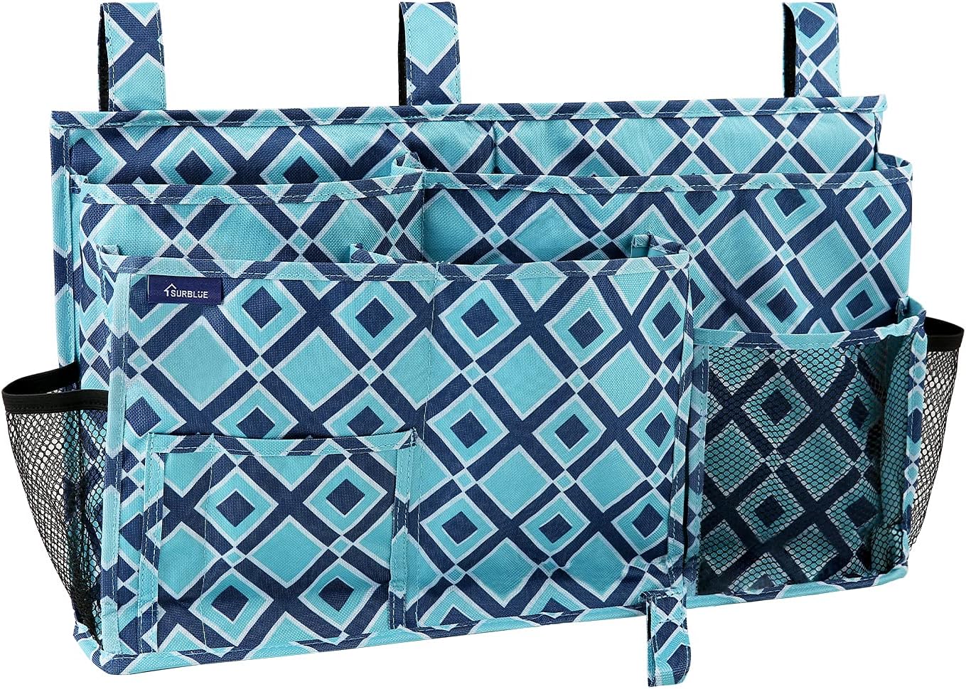 Surblue Bedside Caddy Hanging Organizer Storage Bag Pocket for Bunk, Hospital, College Dorm Rooms, Baby Bed Rails, Camp - 4 Pockets, 2 Hooks (Blue)