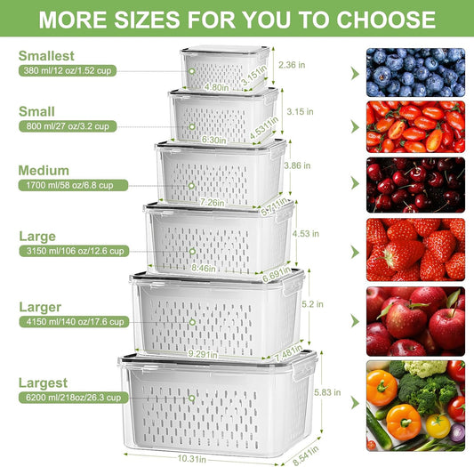 CAPHONT 12 Pack Fruit Storage Containers for Fridge with Removable Colander | 2-in-1 Organic Fruit Storage, 6 Size Clear Vegetable Storage Containers Set Keep Fruits, Vegetables, Meat Fresh Longer ﻿