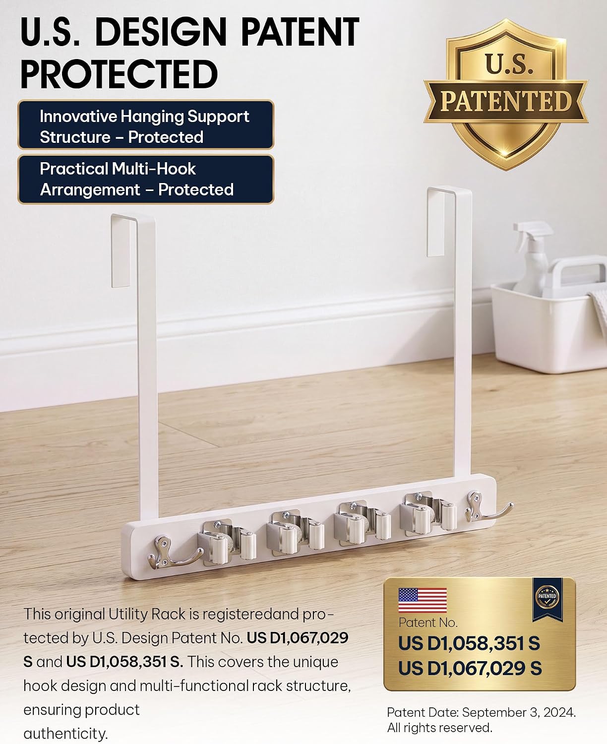 Lorbro Broom Holder Door Mount, Wood Over the Door Broom and Mop Holder | 4 Slots 4 Hooks, No Drill Setup, EVA Protection Pads, Secure Grip, Laundry Garage Closet Kitchen Use, White