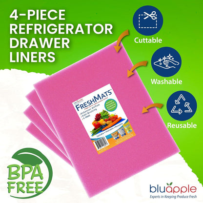 Bluapple FreshMats - Refrigerator Bin Liners, Fridge Drawer Mats - Keeps Produce Fresh Longer, Prevents Bruising, Promotes Air Circulation - BPA-Free Polyurethane Foam - (4-Piece Set, 12"x15", Green)