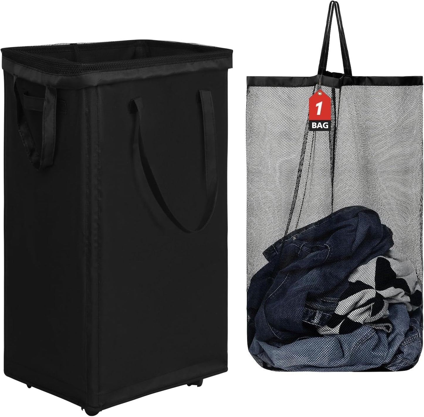 DOKEHOM 25" Slim Rolling Laundry Basket Hamper, Narrow on Wheels, Grey | Collapsible narrow laundry hamper with mesh drawstring closure. Foldable corner clothes storage bin for small spaces