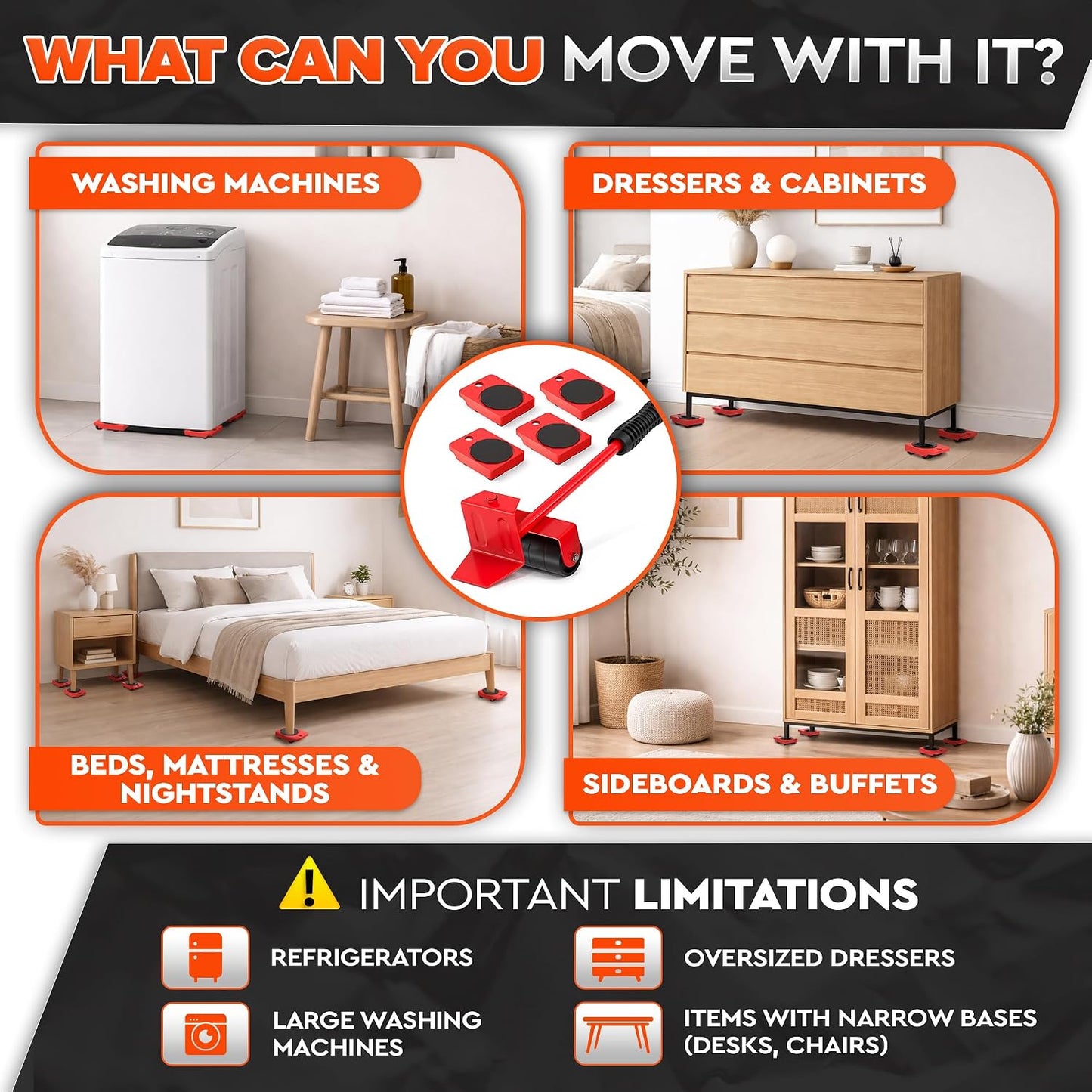 Furniture Movers with Wheels, Up to 220 Lbs Lifter with 4 Sliders | Furniture Lifting Tool Set; 11.9 In Steel Lever; ABS Rollers; for Sofas, Beds & Dressers; Hard Floors Only, Not for Carpet