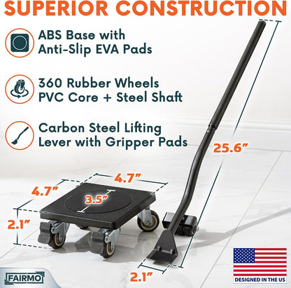 Furniture Lifter Mover Tool Set with Locking Brakes, 4 Wheeled Moving Dollies & 25.6" Lever, 440 lb Capacity, Furniture Moving Kit for Sofa, Cabinet, Bed, Washing Machine & Appliances