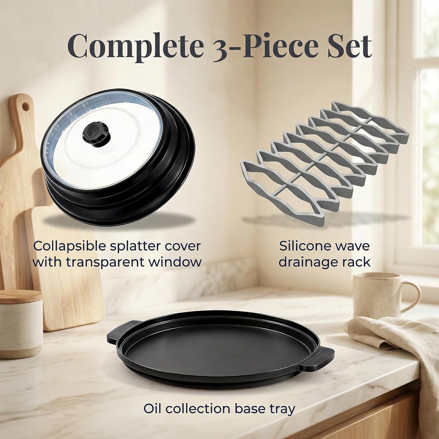 Microwave Bacon Cooker with Lid, 3-Piece Bacon Tray for Microwave Oven | Crispier Bacon with Less Grease,Collapsible Cover,Grease-Draining Rack,Oil Collection Tray,BPA-Free Material