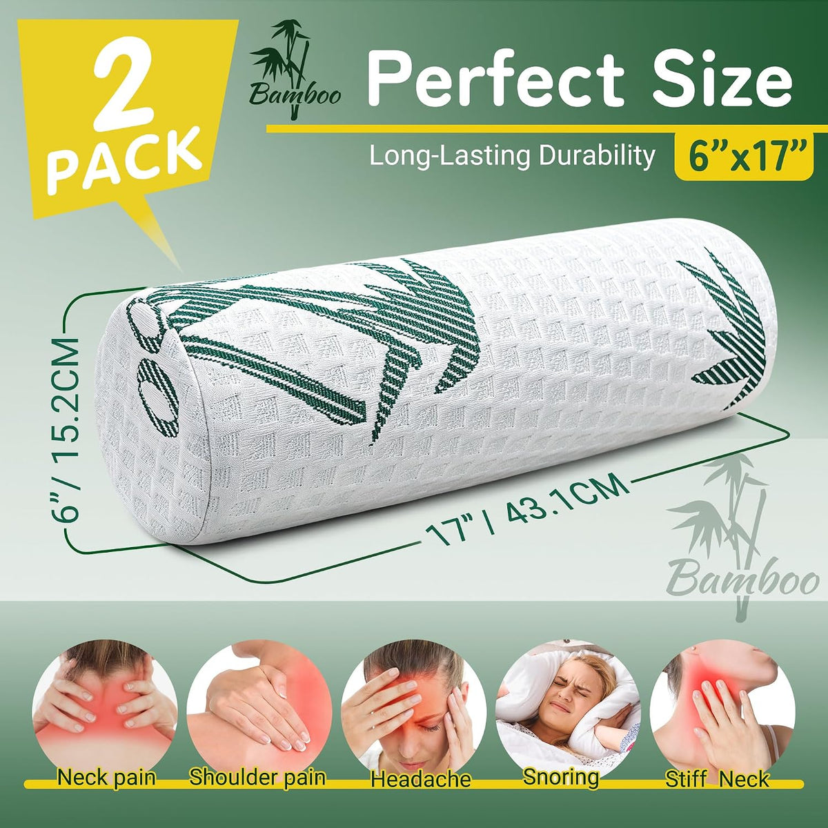 Asatdd Neck Roll Pillow, 2 Pack Foam Cervical Roll Pillow with Breathable Cover for Office Chair, Recliner Rest, and Home and Travel Use, 4" x 17"