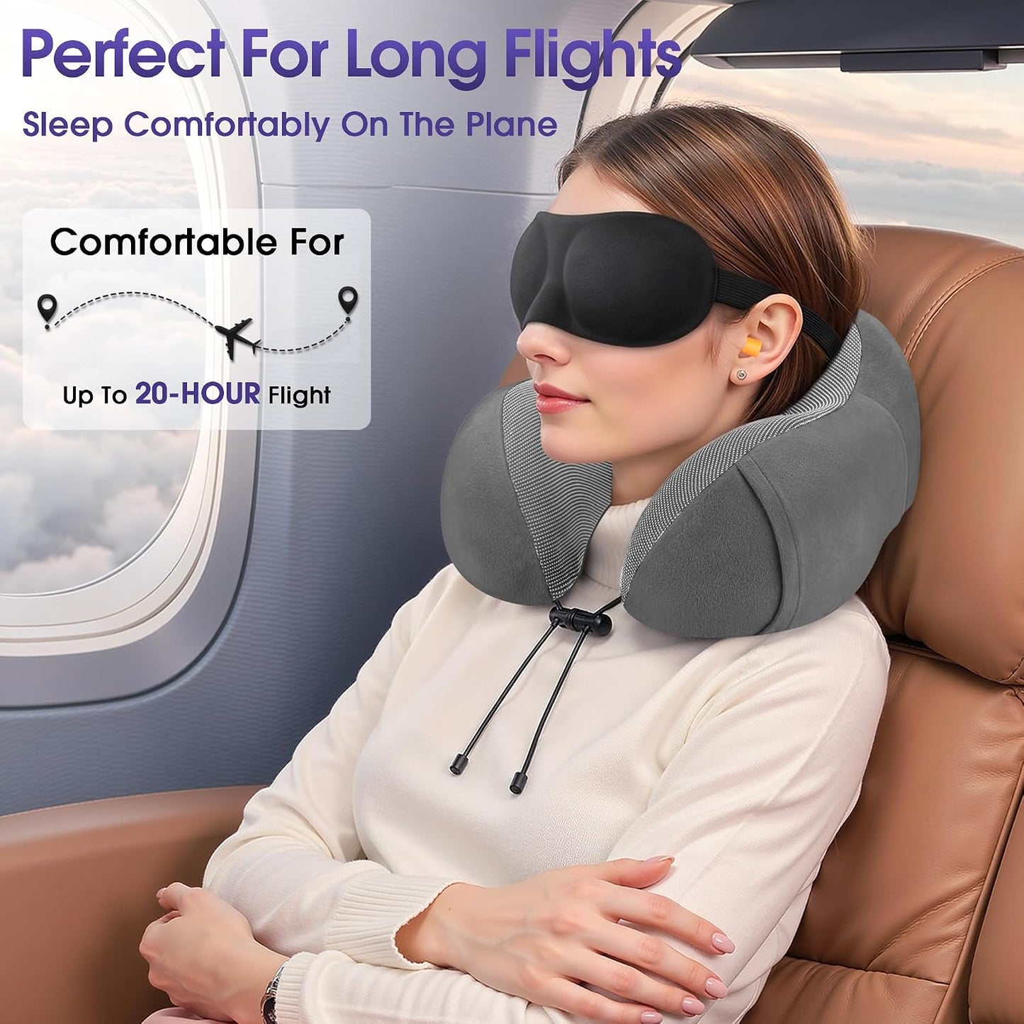 CloudBliss Neck Pillow for Airplanes, Memory Foam Travel Pillow, Black | Compact Flight Pillow with Eye Mask, Earplugs, Carry Bag, Travel Neck Pillow for Long Flight Sleep, Plane Travel Essentials