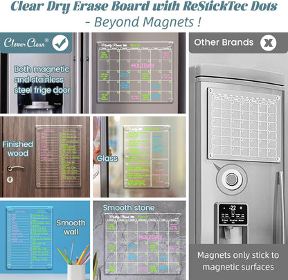 Clear Non-Magnetic Calendar Set for Fridge - Dry Erase Transparent Monthly and Weekly Calendar, List and Blank Whiteboard - Sticks to Wall, Glass, Door, Any Smooth Surfaces
