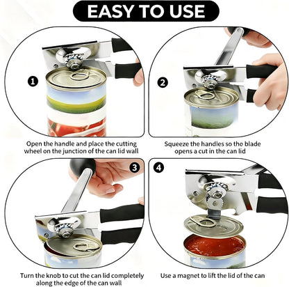 Heavy Duty Manual Can Opener - Smooth Edge Safety Cutting with Magnetic Lid Lifter, Ergonomic Non-Slip Handles, Built-in Bottle Opener, Stainless Steel Kitchen Tool