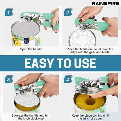 Rainspire Can Opener Manual Handheld Strong Manual Can Opener Smooth Edge Cut, Can Opener Heavy Duty, Comfortable Soft Handle, Built-in Bottle Opener, Turquoise