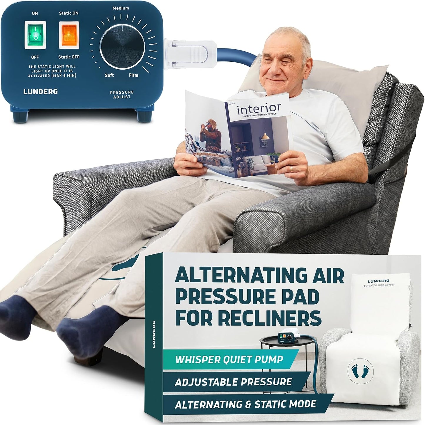 Lunderg Alternating Air Pressure Pad for Recliner Chair with Quiet Pump | Pressure Relief Cushion for Recliner - Bed Sore Prevention - Medical Grade Mattress Pad & Coffee Cover - For Home or Hospital