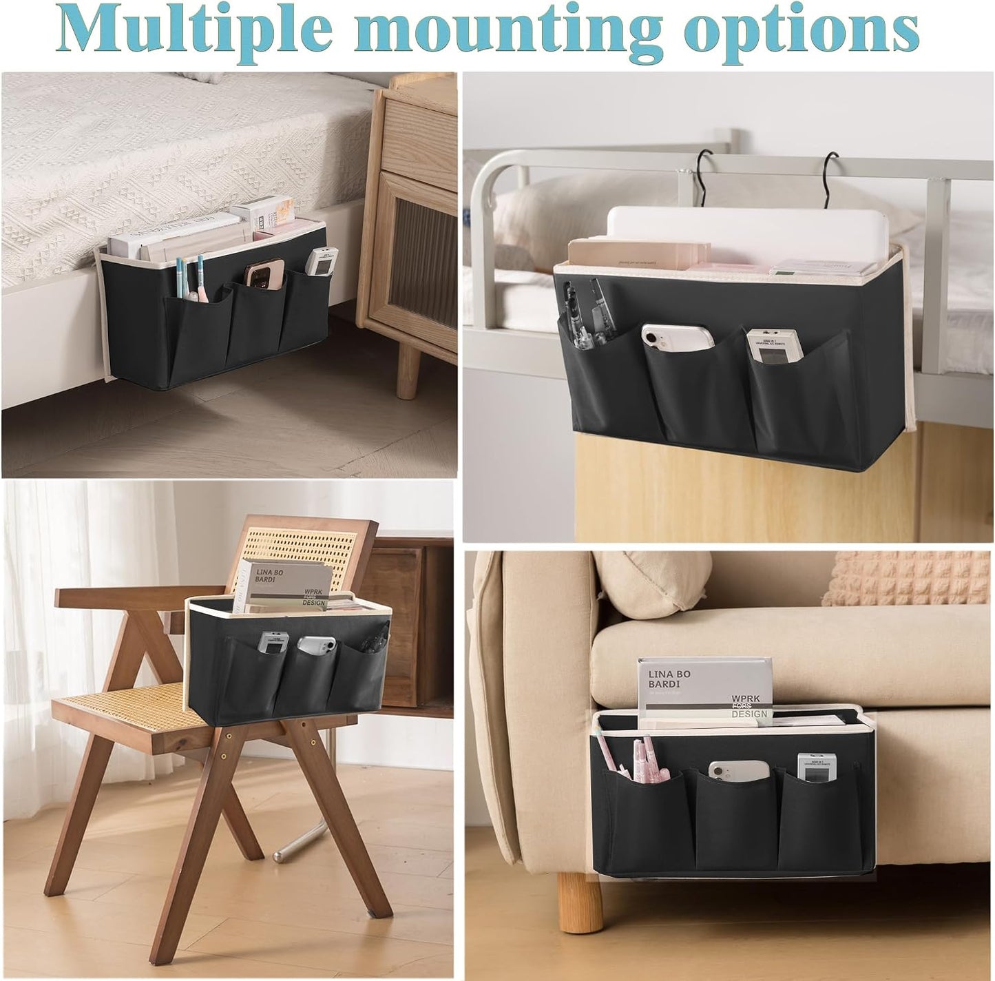 Bedside Caddy/Bedside Storage Organizer Hanging Bag with Three Options,Suitable for home beds, sofas, and dormitory beds—can hold magazines, books, phones, iPads, remote controls. (Gray)