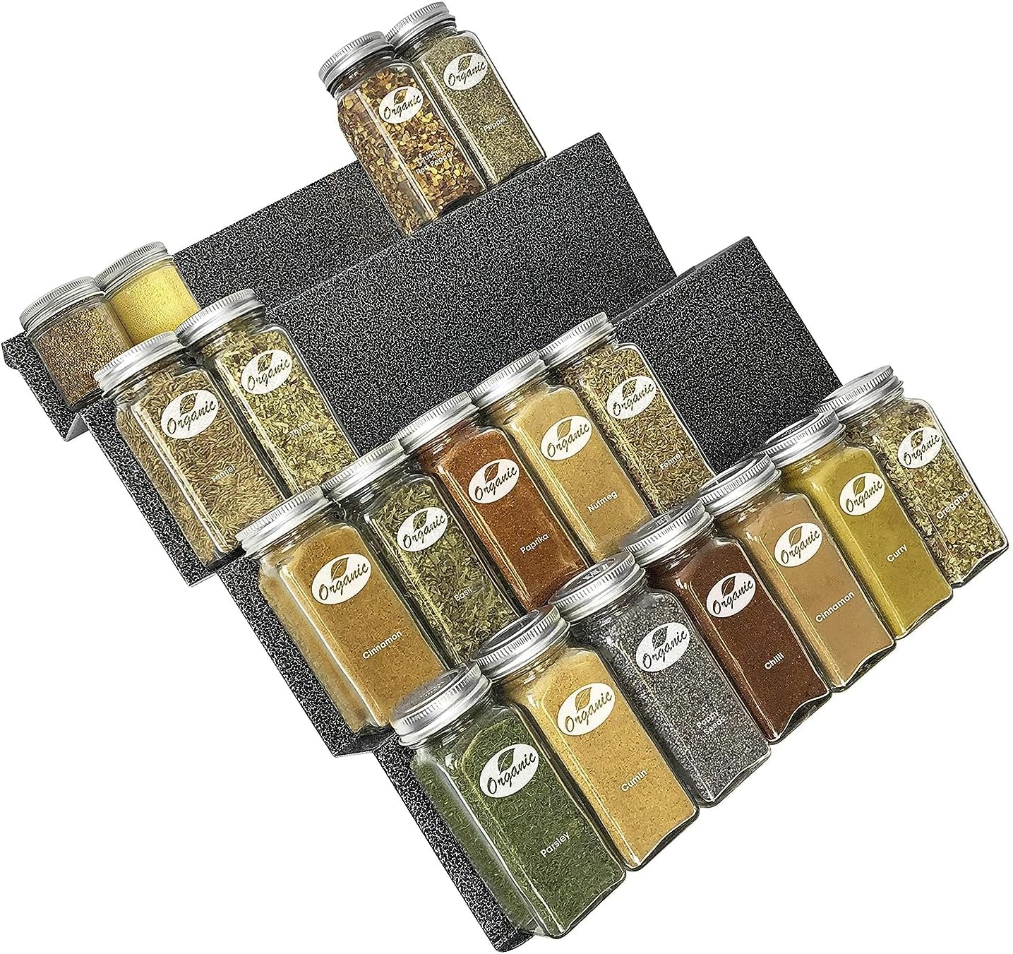 LYNK PROFESSIONAL® Spice Drawer Organizer - Heavy Gauge Steel 4 Tier Rack - Drawer Insert Tray for Jars, Herbs and Seasoning - Kitchen Cabinet Storage - Silver Metallic, Large