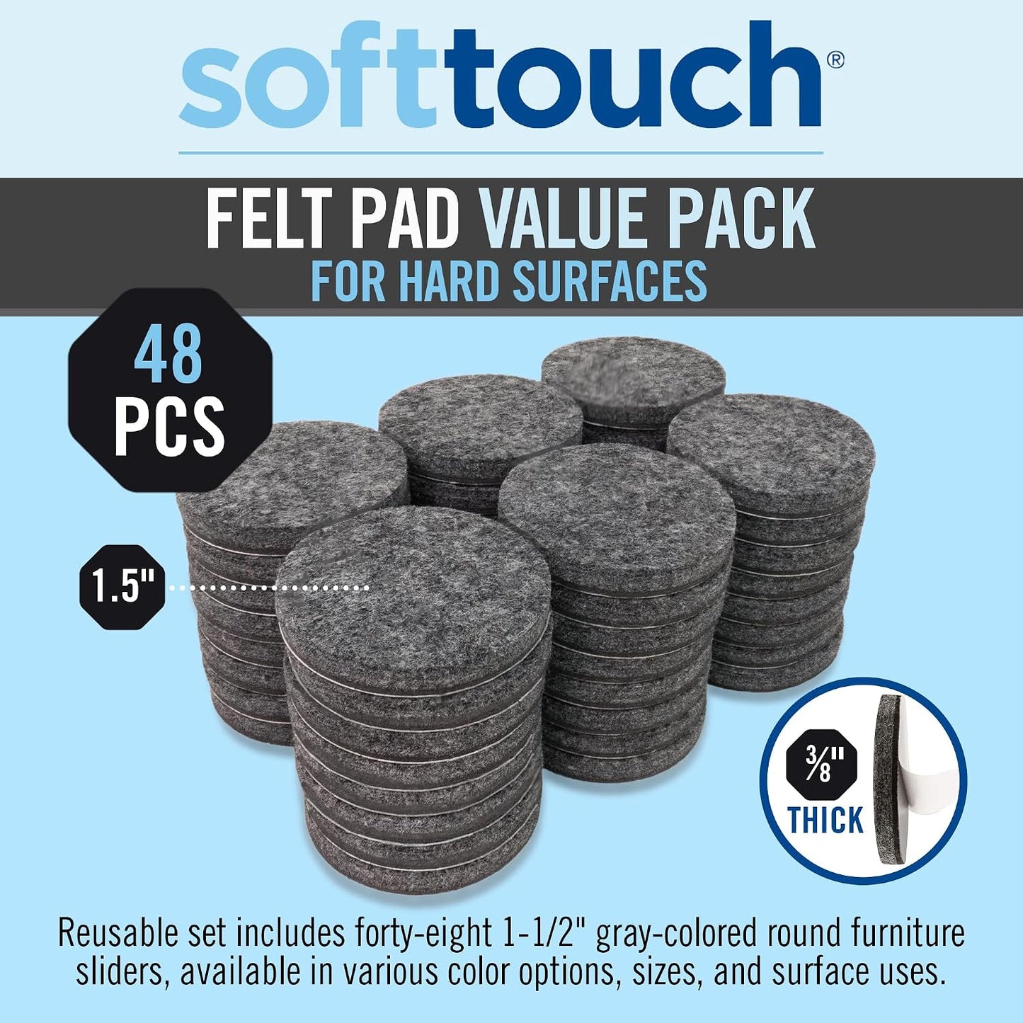 SoftTouch Assorted Size Round Mini Self-Stick Furniture Slider Felt Pads for Hard Surfaces, Noise-Reducing Adhesive Furniture Moving Pads for Beds, Sofas, Dressers, 46-Count, Brown