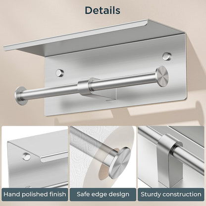 FORIOUS Toilet Paper Holder with Shelf, Commercial Toilet Paper Dispensers | Brushed Nickel | Wall Mount Bathroom Tissue Holder | SUS304 Stainless Steel Rustproof | Double Tissue Roll Holder