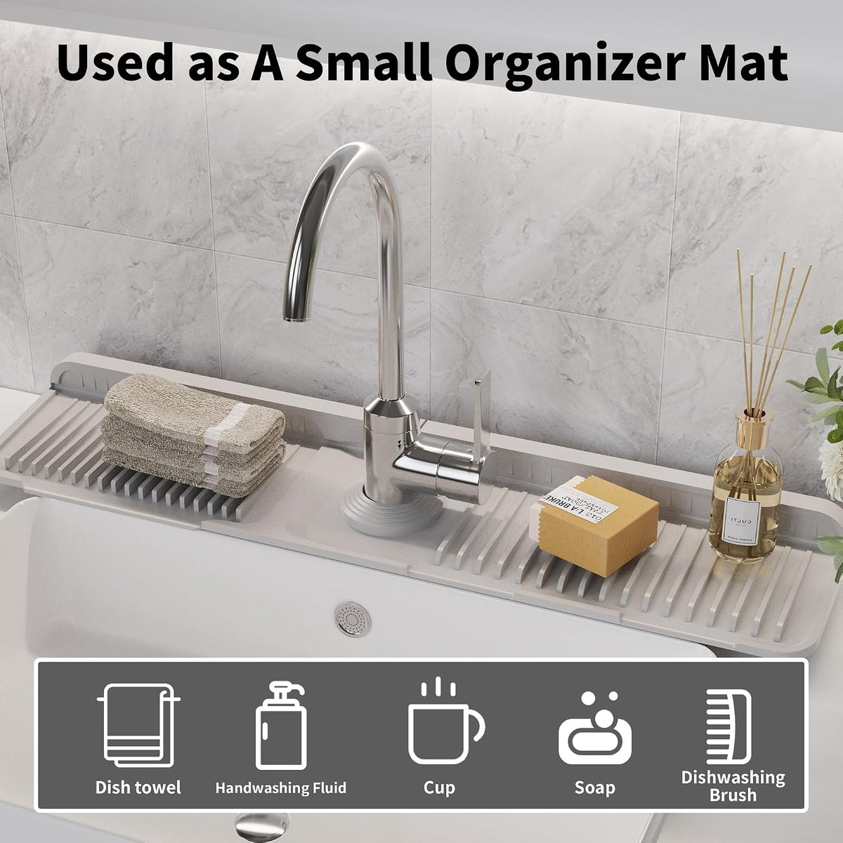 WAFT YEARN 24X5 Inch Silicone Durable Faucet Mat Kitchen Sink Splash Guard Draining Protector Tray Liner Absorbent Protective Counter Accessories For Sink Kitchen Bathroom Laundry Room Bar & RV Grey