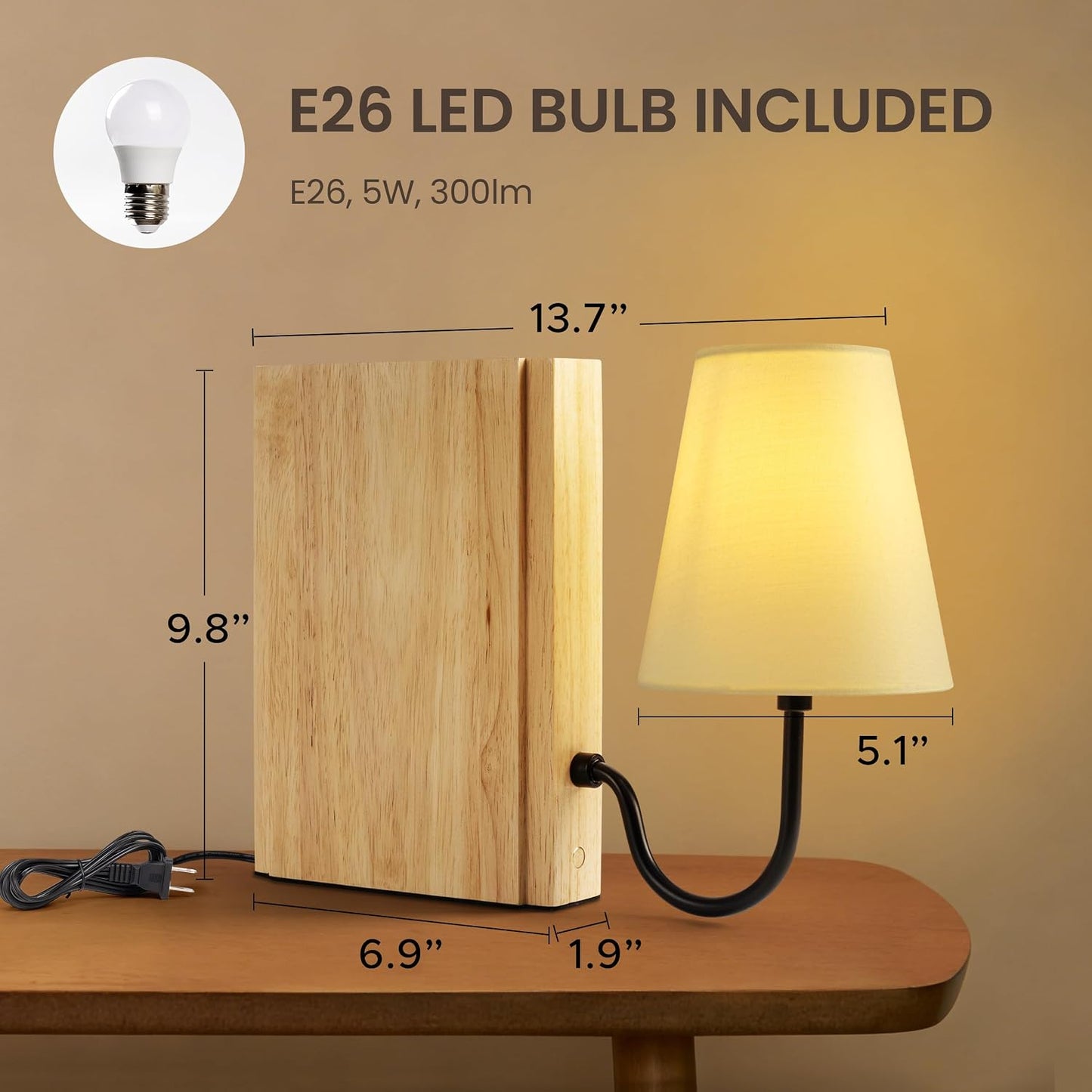 AELS Solid Wood Bookshelf Lamp with Bulb, Cordless Rechargeable Touch Dimmable Table Lamp with Linen Fabric Shade, Modern Decorative Bookend Lamp for Bedroom, Office & Bookshelf Decor, Dark Brown