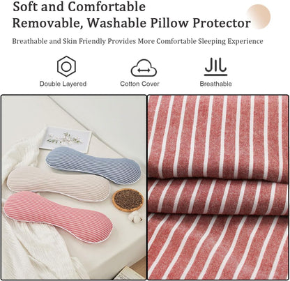 Buckwheat Pillow Cervical Neck Pillow, Buckwheat Hulls Filling Cooling Lumbar Support Pillow, Adjustable Firmness Ergonomic Design with Washable Cover, Blue 19"X7"