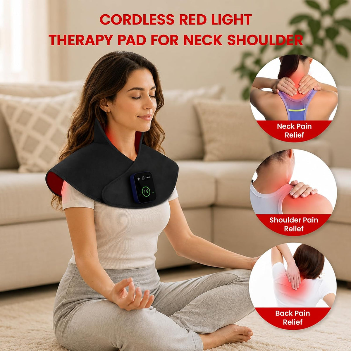 Cordless Red Light Therapy Pad for Neck Shoulder by Nourish Nest, Infrared Light Therapy Wrap for Upper Back & Body, Wearable Heating Cape with 660nm & 850nm LEDs, Rechargeable 4000mAh Battery