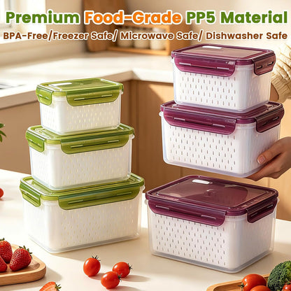 TBMax Fruit Storage Containers for Fridge Organizers and Storage, 4 Pack Large Produce Saver with Airtight Lid & Colander for Berry Lettuce Salad Vegetable Storage, Refrigerator Organizers
