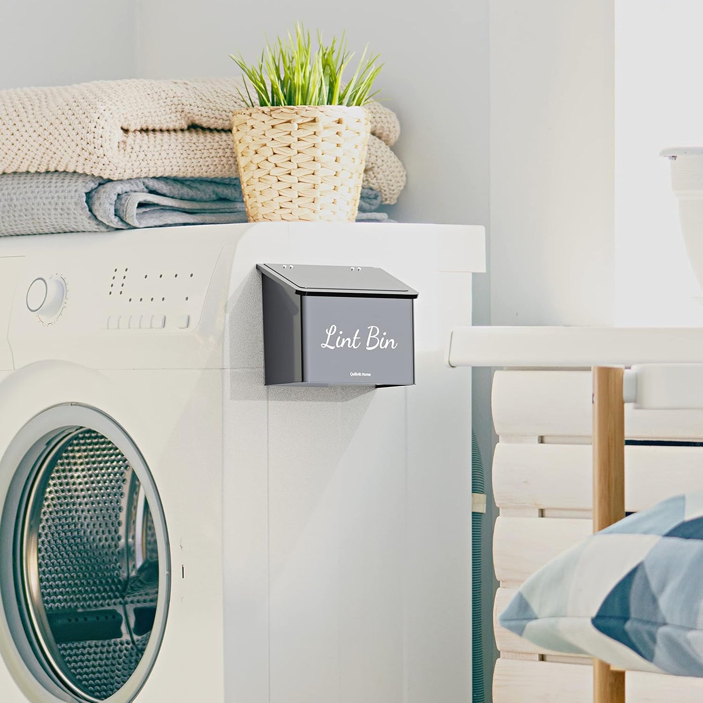 Metal Magnetic Lint Bin With Lid For Laundry Room Decor With Small Lint Holder Bin| Metal Box| Lint Holder Bins for Organzation (White, Small)