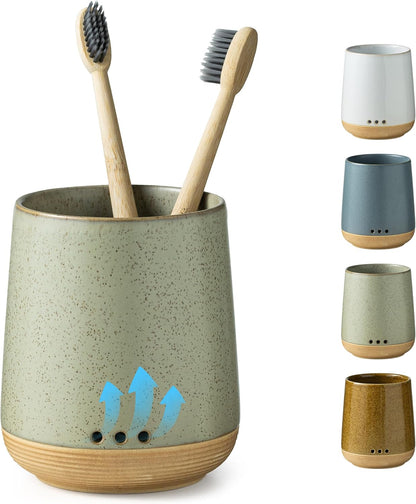 LYEOBOH Ceramic Toothbrush Cup, Cute Toothbrush Holder with Drainage White | Farmhouse Toothbrush Container, Countertop Toothbrush Organizer, Toothbrush Storage for Bathroom Vanity & Countertop
