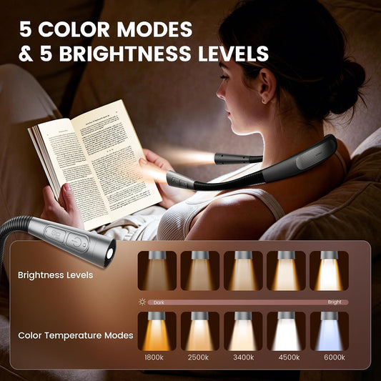Glocusent Upgraded Neck Light,100Hrs Slimmer Reading Light for Books in Bed | 5 Color & 5 Brightness Book Light,Rechargeable Reading light, Crocheting,Knitting Repairing,Crafting, Book Lovers,Christmas