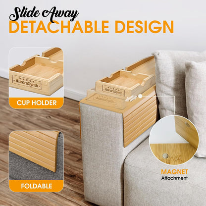Bamboo Couch Cup Holder, 2 Cork Coasters, Anti-Slip Foldable Couch Arm Tray | 2 in 1 Foldable Sofa Arm Tray, Couch Armrest Table, Anti-Spill Couch Arm Table for Drinks TV Remote Cellphone Snacks