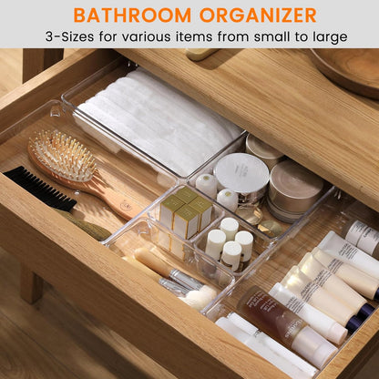 6 Pack Large Clear Plastic Drawer Organizer Trays, Acrylic Kitchen Drawer Organization and Storage Dividers, Non-Slip Storage Bins for Makeup, Kitchen Utensils, Bathroom, Jewelries and Office Desk