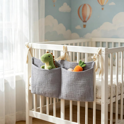 Bedside hanging bag for storing baby milk bottles and blankets - Baby diaper folding bed organizer bag - Brown