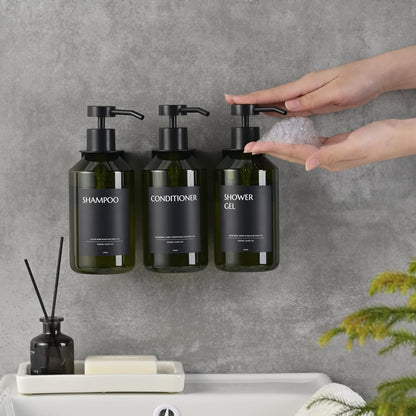 Shampoo and Conditioner Dispenser Set of 3 for Wall Mount | 16.9 fl oz Drill Free Shower Soap Bottles,Refillable Body Wash Dispensers for Bathroom Decor (Amber Bottles + Bamboo Pumps)