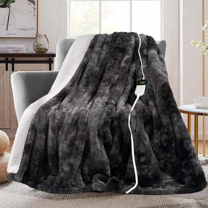 MAXEVE Electric Heated Throw Faux Rabbit Fur Blanket 8 Heating Levels
