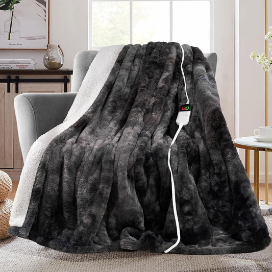 MAXEVE Electric Heated Throw Faux Rabbit Fur Blanket 8 Heating Levels