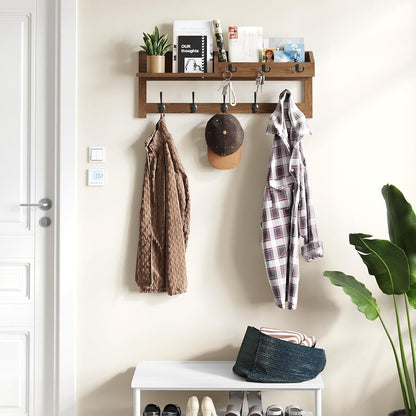 AMBIRD Wall Hooks with Shelf, 26.57 Inch Entryway Wood Coat Hooks for Wall with Shelf, Coat Rack Wall Mount with 5 Dual Hooks 3 Key Hooks Mail Organizer and Key Rack Holder (Brown)
