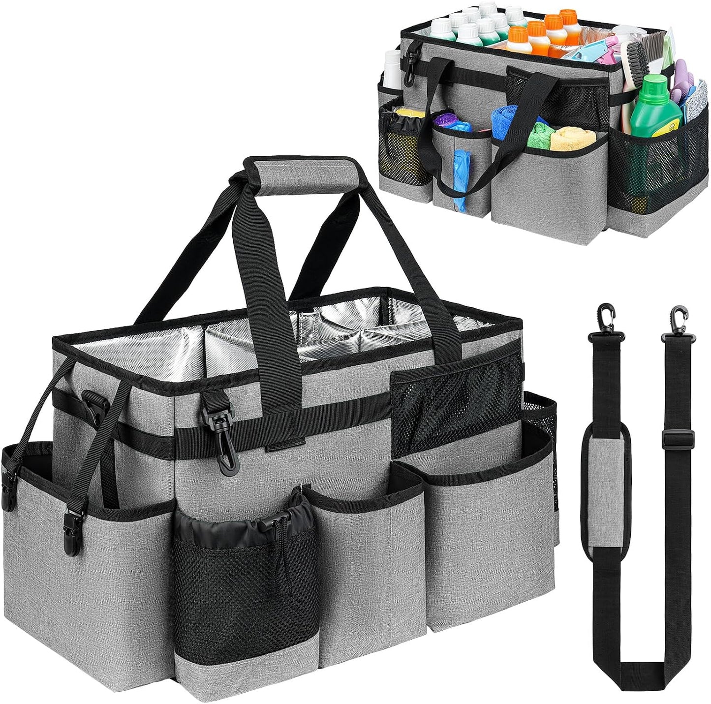 Cleaning Caddy Bag, Extra Large Cleaning Supply Bag for Housekeepers,Black | Sturdy Cleaning Caddy Organizer for Cleaning Supplies with Handle and Adjustable Shouder Strap, Easy to Clean Design