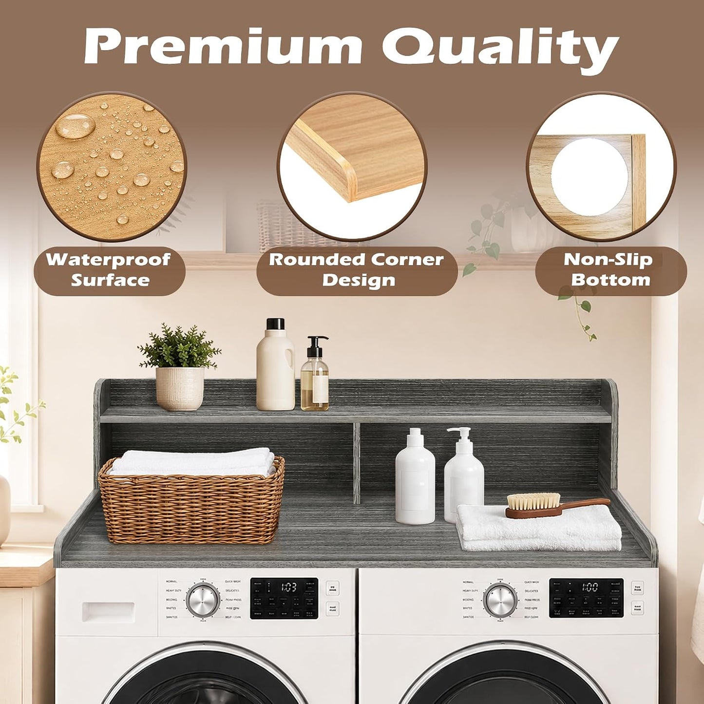 Royxen Laundry Countertop with 2-Tier Shelf Universal Fit, Washer and Dryer Countertop with Storage Space, Shelf Height 11.5 Inches, Solid Wood Core, Walnut
