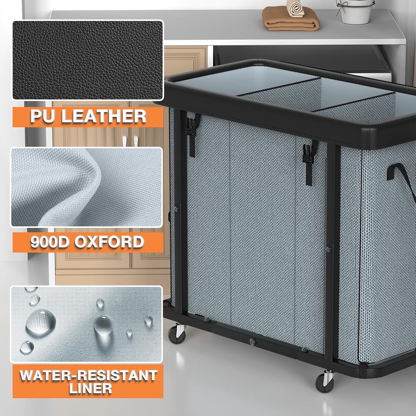 Laundry Hamper with Wheels,150L Leather Patchwork Clothes Hamper Black | Rolling Laundry Basket with Sturdy Metal Frame, Removable Washable Bag,Tall Clothes Sorter for Bedroom, Laundry Room, Dorm