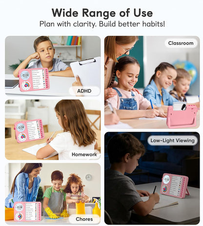 3-in-1 Visual Timer & ADHD Tool for Kids with Chore Chart & Planning Board | ADHD Timer with Digital Clock, Silent Task Timer for Adults with Visual Schedule for Home, School, Classroom, Work (Pink)