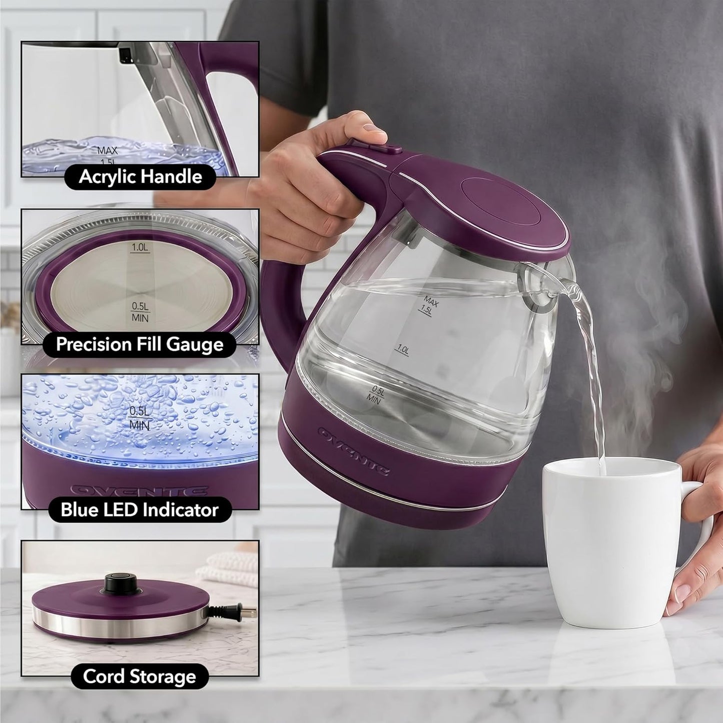 OVENTE 1.5L Glass Electric Kettle Water Boiler, Black KG83B | 1100W Fast Boiling, Borosilicate Glass, BPA-Free, Blue LED, Auto Shut-Off, Boil-Dry Protection, Removable Filter, 360° Base