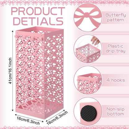 Hicarer Pink Bow Umbrella Holder for Entryway Umbrella Stand with Removable Drip Tray & 4 Hooks Cute Coquette Square Freestanding Walking Sticks Storage Bin for Home Hallway, 16 x 6.3 x 6.3 Inch