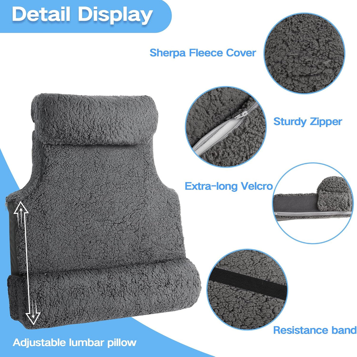 3-in-1 Lumbar Support Pillow with Headrest for Recliner, Memory Foam Back Cushion Set with Adjustable Side Bolster for Targeted Lower Back Pain Relief, Plush Sherpa Fleece Cover, Grey
