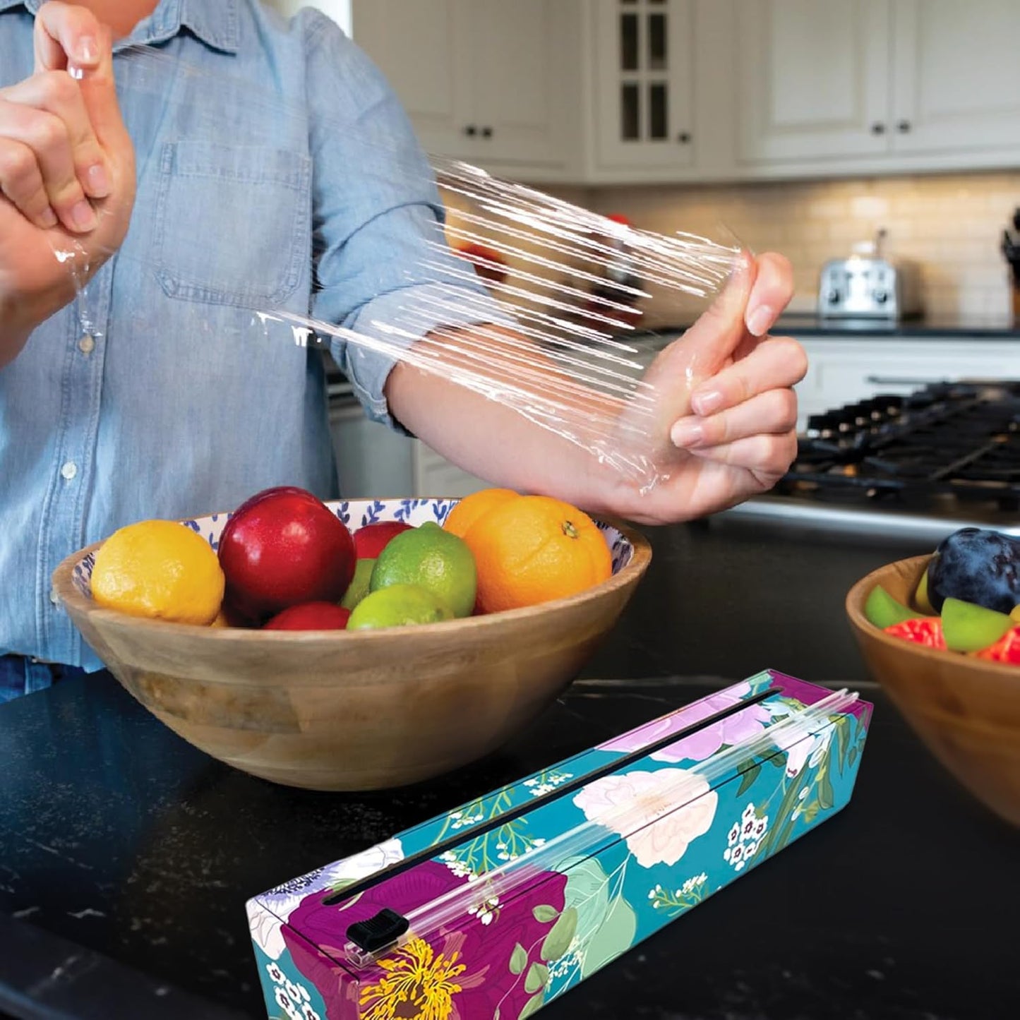 Chicwrap Veggies Refillable Plastic Wrap Dispenser - Includes One 12" x 250' Roll of Professional Grade Plastic Wrap - BPA Free and Kosher Certified - Reusable Dispenser w/Slide Cutter | Reusable Plastic Wrap Dispenser with Four Non-Slip Rubber Feet and