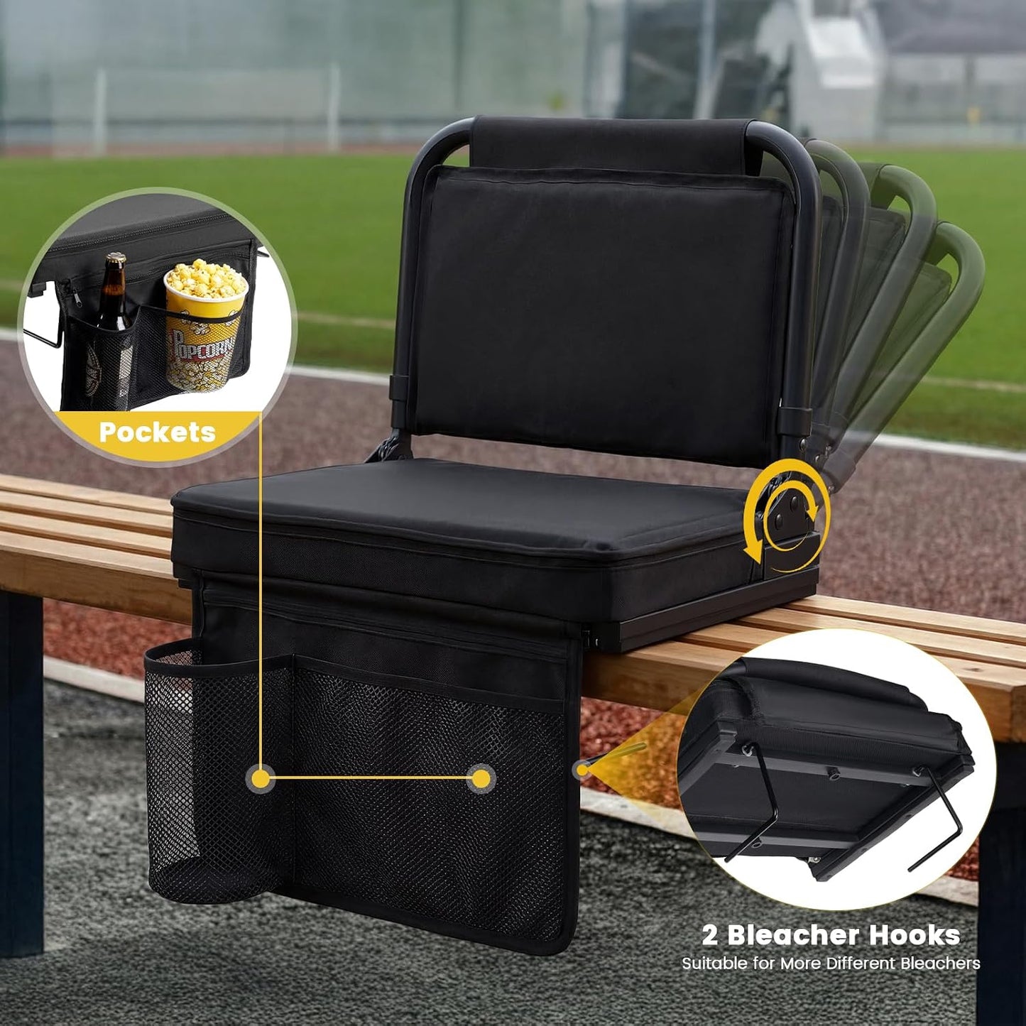 Heated Stadium Seat, Folding Chair with Back Support for Bleachers | 5-Position Adjustable Backrest, 16.5" Wide Seat, USB Heating Pad (Power Bank NOT Included), Supports 330 lbs, Carry Strap