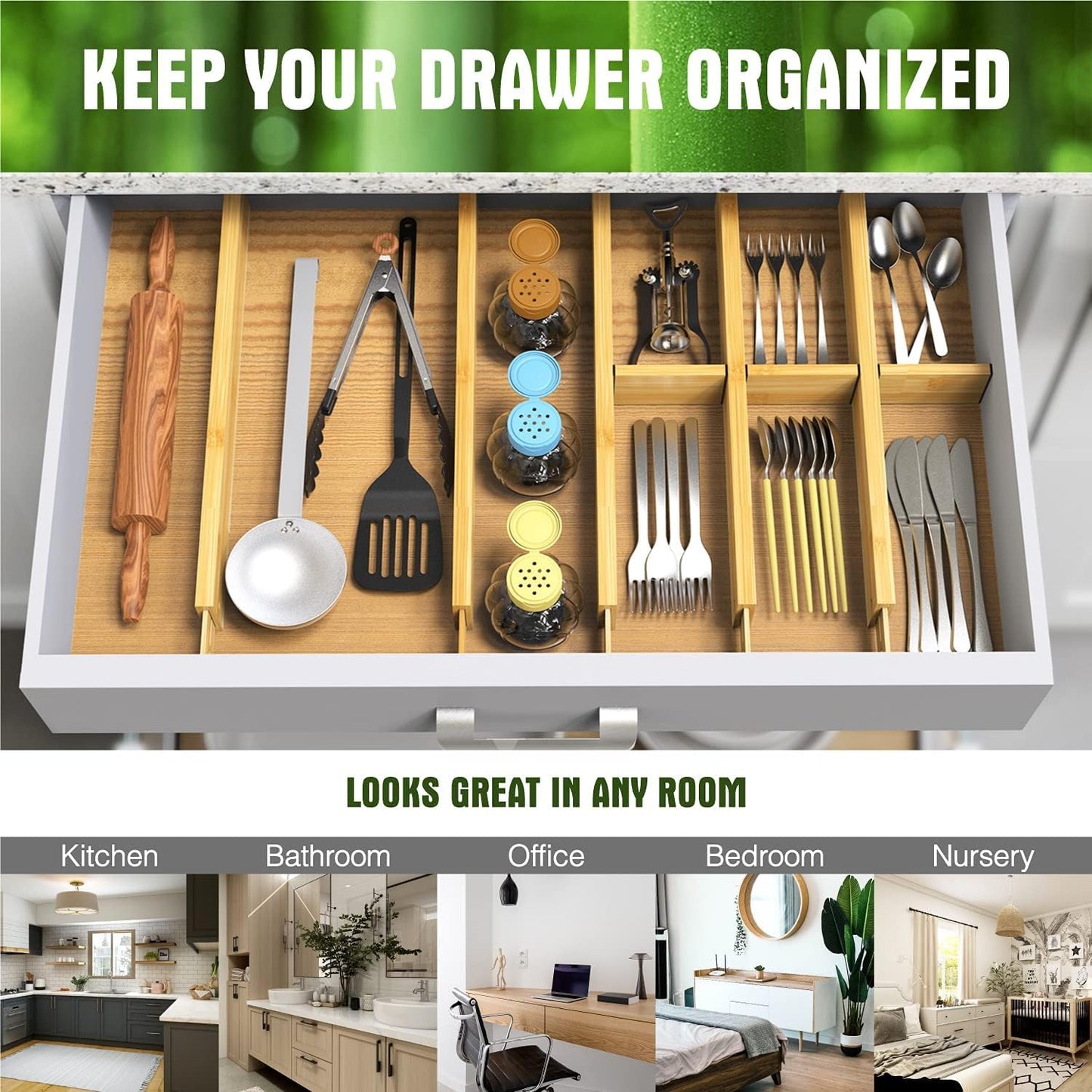 Bamboo Drawer Dividers Organizers, Drawer Separators Splitter,17-22 inches Long Adjustable Spring-loaded Organizer for Large Utensil, Clothes, Tools Drawers(yellow)