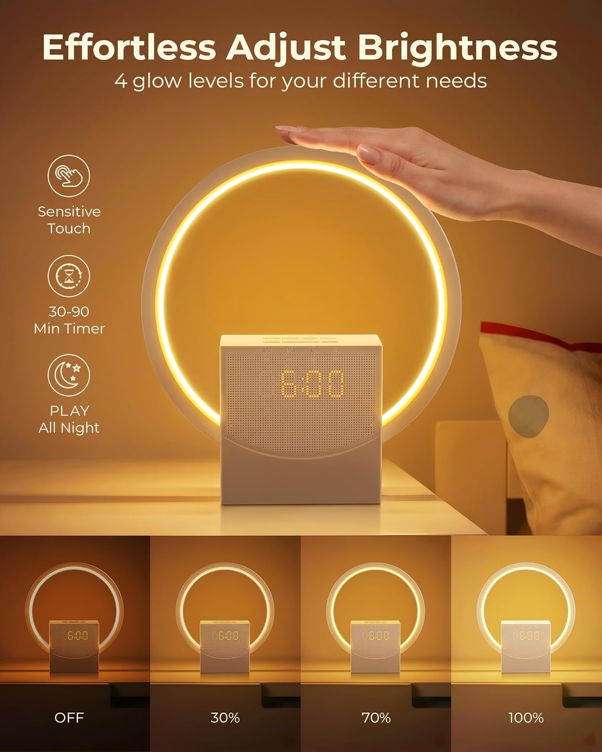 Sunrise Alarm Clock with White Noise Machine, 10 Soothing Sounds, Wake Up Light with Sleep Timer, 4-Level Touch Night Light, USB Port, Digital Alarm Clocks for Bedroom Heavy Sleepers Adults